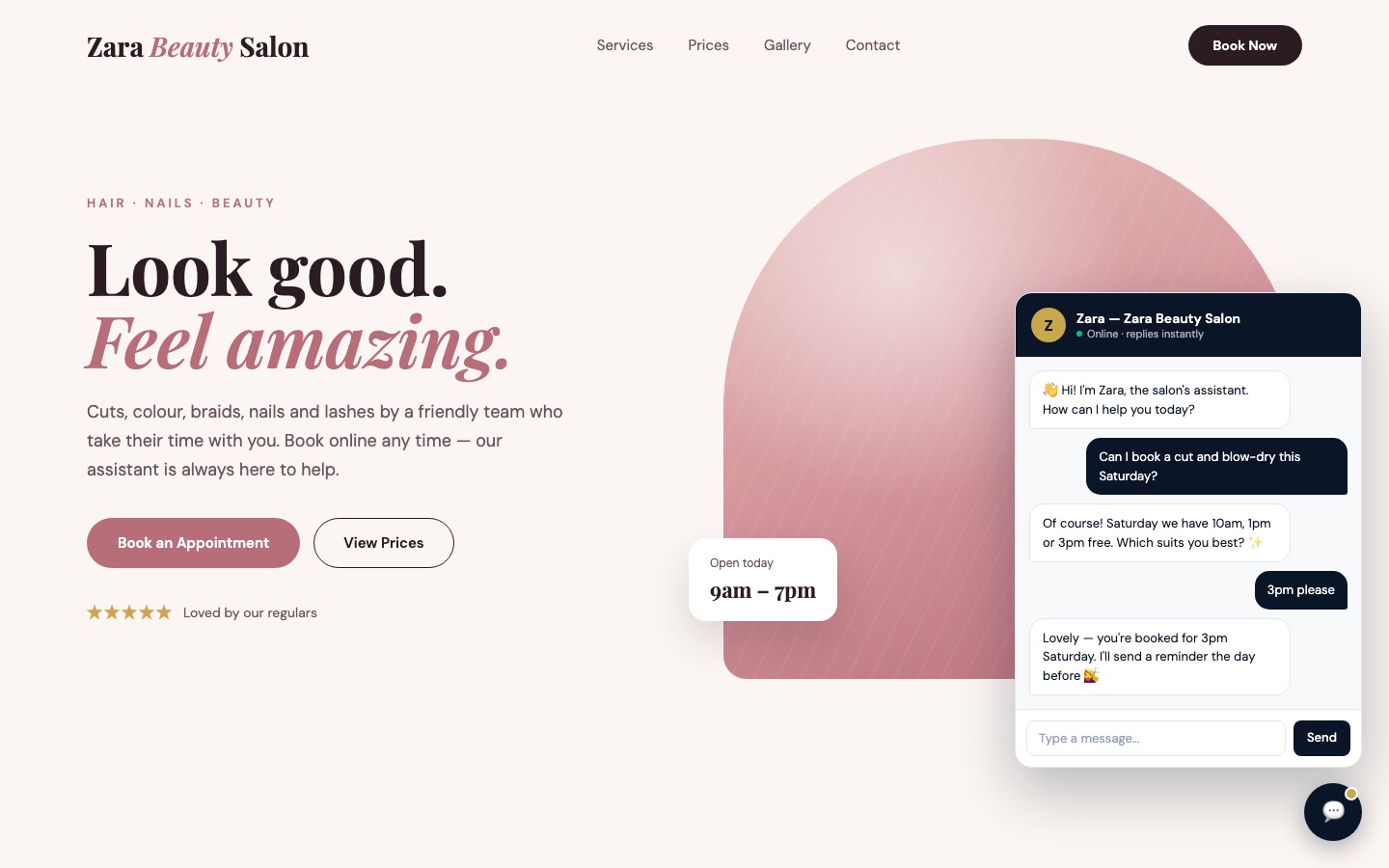 Demo website for a fictional salon, Zara Beauty Salon, with the AI chat assistant open and taking a booking